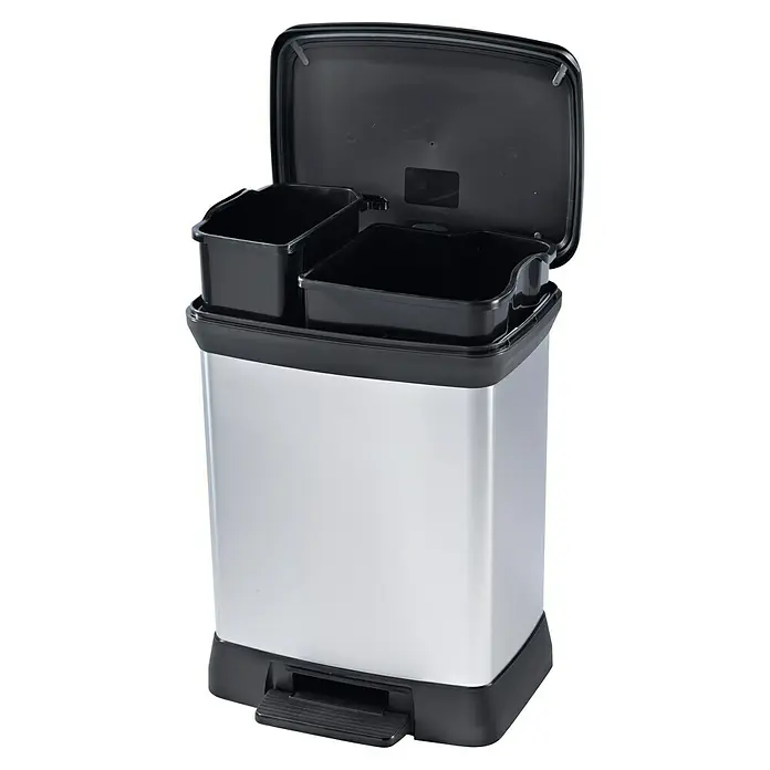 Keter Treteimer Deco Bin Metallics Duo - 30 l, Metall, Schwarz/Silber - Bild einer silbernen Mülleimer mit zwei Fächern und einem schwarzen Deckel, der offen ist.