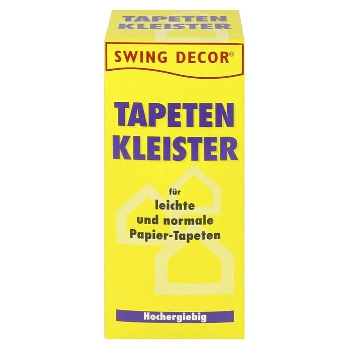 Swing Decor Tapetenkleister - 125 g - Produktverpackung von TAPETEN KLEISTER, Tapetenkleister für leichte und normale Papiertapeten, Marke SWING DECOR®, hoch ergiebig.