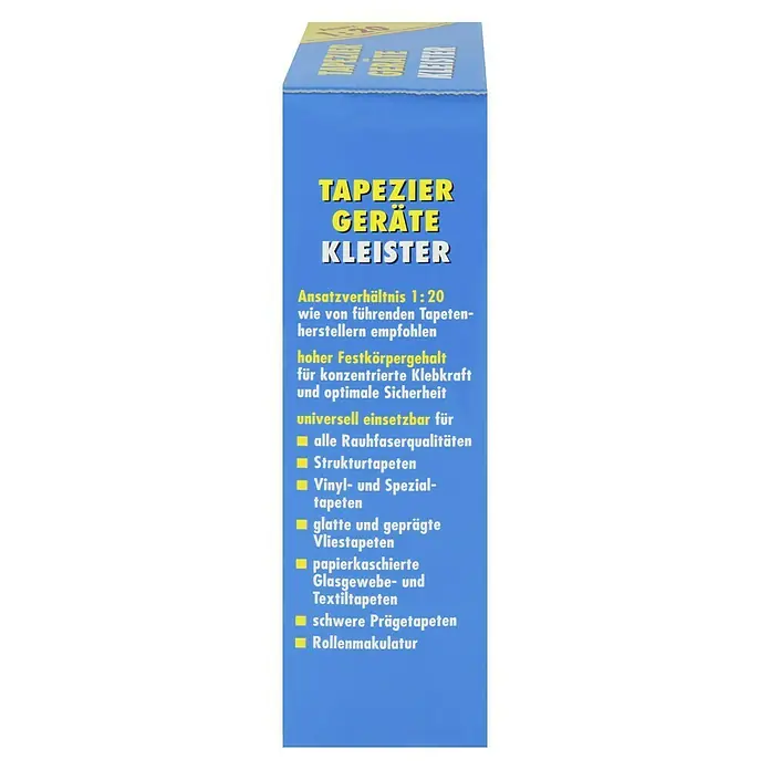 Swing Decor Tapetenkleister Tapeziergerätekleister - 300 g - Tapetenkleister-Produktverpackung mit Informationen zu Anwendungsbereichen und Eigenschaften.