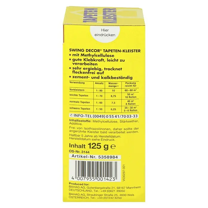 Swing Decor Tapetenkleister - 125 g - Bild einer Packung Swing Decor Tapeten-Kleister mit Informationen zu Anwendung, Inhaltsstoffen und Hersteller.