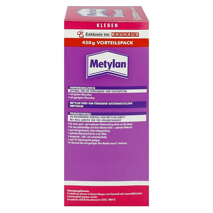 Metylan Tapetenkleister Vlieskleister Direct - 450 g - Abbildung einer Packung Metylan Tapetenkleister, 450g Vorteilspack, exklusiv im Bauhaus erhältlich.