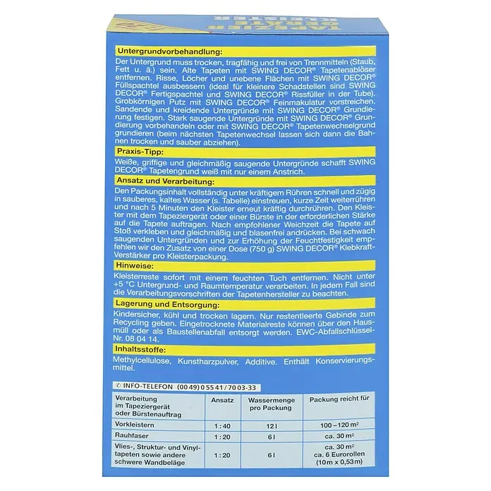 Swing Decor Tapetenkleister Tapeziergerätekleister - 300 g - Informationstext zur Verarbeitung des SWING DECOR Kleisters mit Anweisungen, Tipps, Inhaltsstoffen und Verbrauchsangaben.