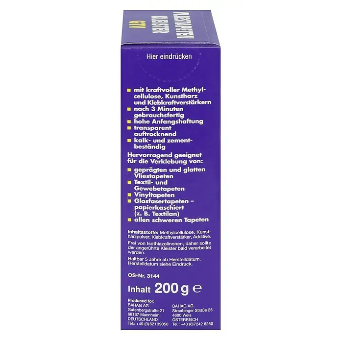 Swing Decor Tapetenkleister Vlieskleister GTV - 200 g - Packung GIN Vliestapeten Kleister mit Hinweisen zu Eigenschaften und Anwendung, ideal zum Verkleben verschiedener Tapetenarten.