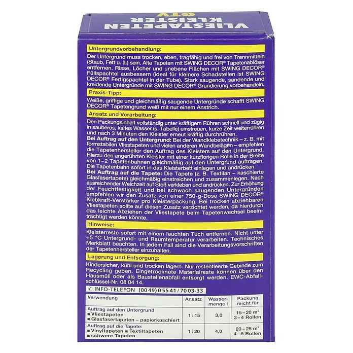 Swing Decor Tapetenkleister Vlieskleister GTV - 200 g - Produktbild: Kleisterinformationen mit Anweisungen zur Untergrundvorbereitung, Verarbeitung und Verwendung für verschiedene Tapetenarten.