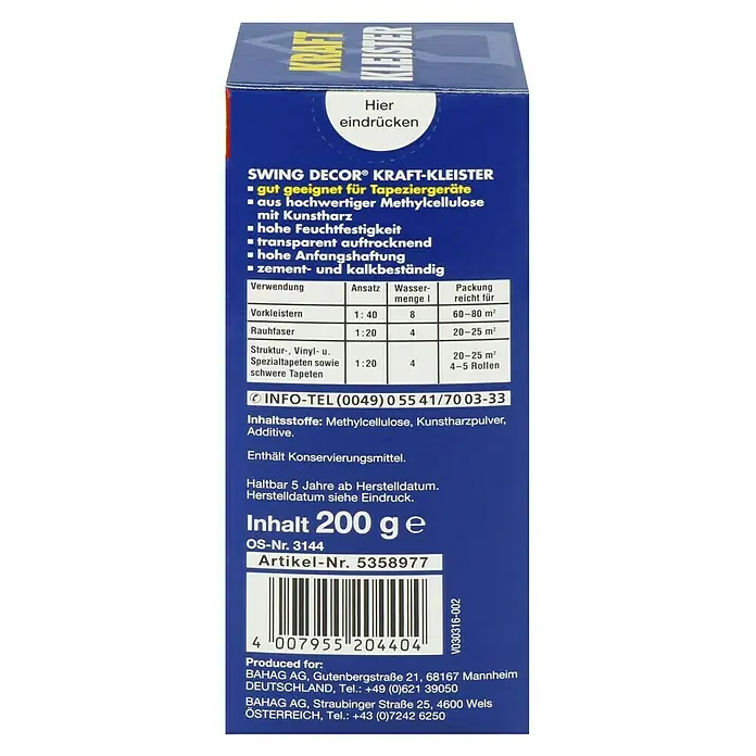 Swing Decor Tapetenkleister Kraftkleister - 200 g - Abbildung der Rückseite einer Packung SWING DECOR® Kraft-Kleister Tapetenkleister, 200 g, mit Informationen zu Anwendung und Inhaltsstoffen.