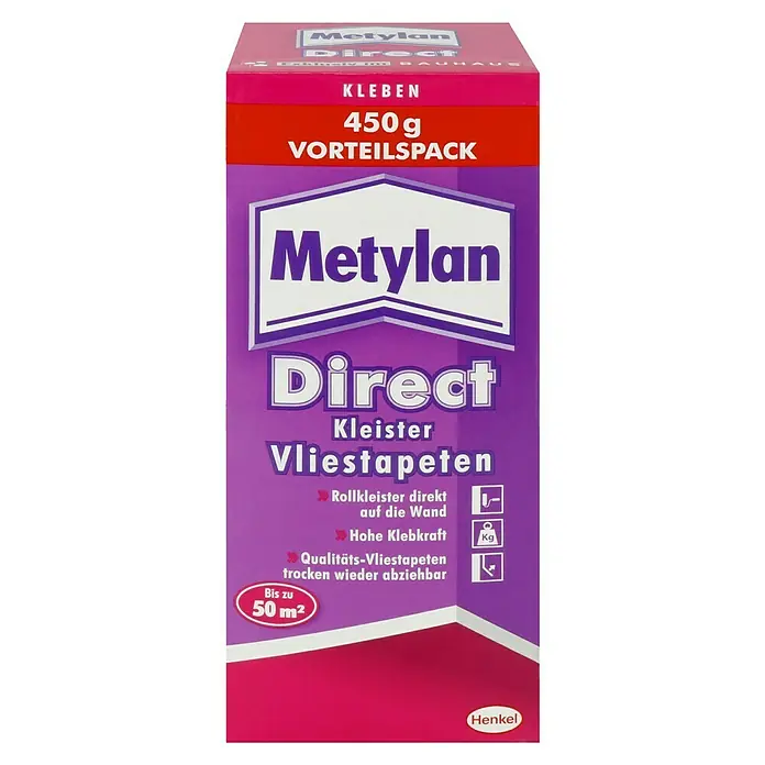Metylan Tapetenkleister Vlieskleister Direct - 450 g - Kleisterpackung von Metylan Direct, 450g Vorteilspackung für Vliestapeten, rollbar direkt auf die Wand, hohe Klebkraft, bis zu 50 m².