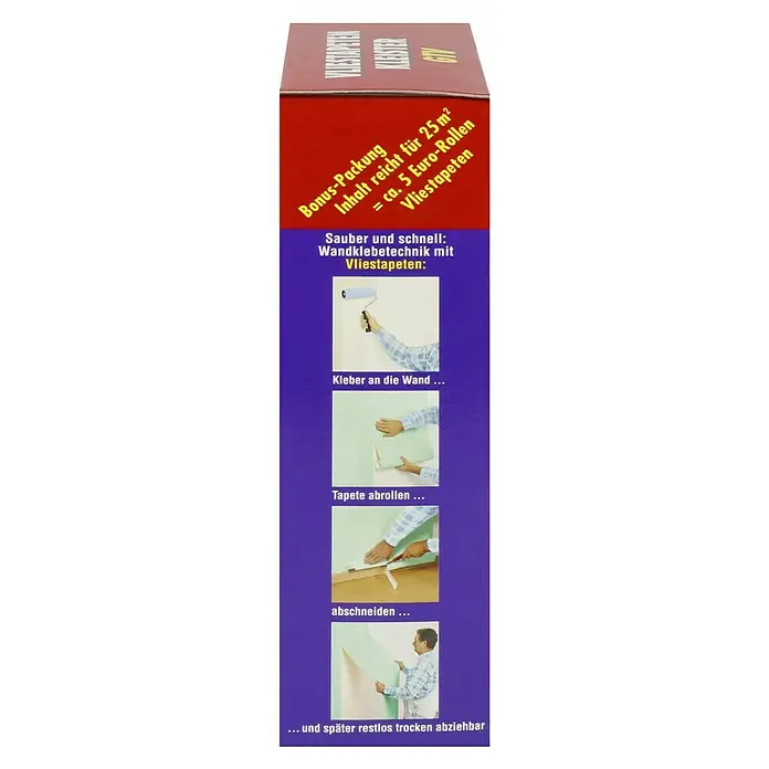 Swing Decor Tapetenkleister Vlieskleister - 250 g - Produktverpackung mit Hinweisen zur Wandklebetechnik mit Vliestapeten, inklusive Klebeanleitung und Informationen zur Reichweite.