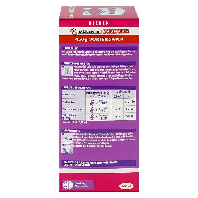 Metylan Tapetenkleister Vlieskleister Direct - 450 g - Produktbild der Metylan Spezial Vlieskleister-Verpackung, exklusiv bei Bauhaus, mit Anweisungen und Reichweitenangaben.