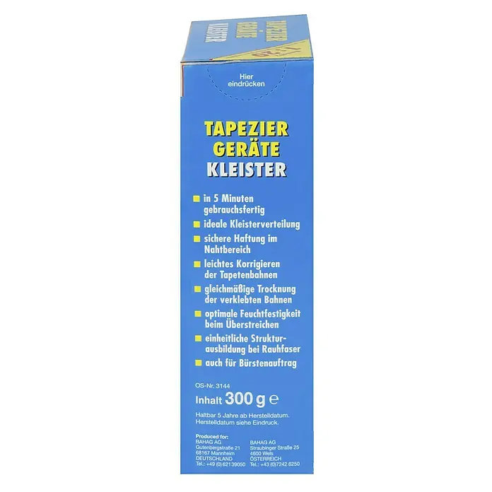 Swing Decor Tapetenkleister Tapeziergerätekleister - 300 g - Abbildung einer Packung Tapetenkleister der Marke BAHAG, die mit verschiedenen Vorteilen wie schneller Einsatzbereitschaft wirbt.