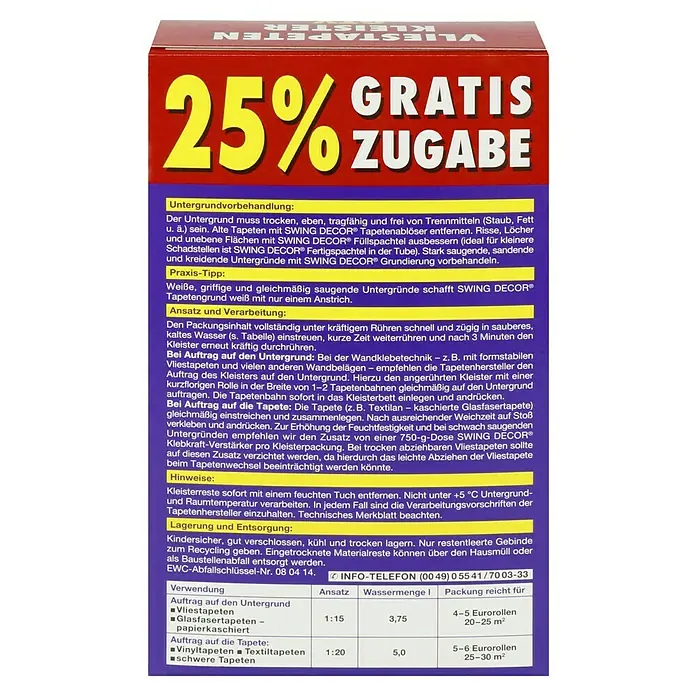 Swing Decor Tapetenkleister Vlieskleister - 250 g - Produktbild einer Packung SWING DECOR® Kleister mit 25% Gratis-Zugabe, ideal für Vliestapeten und andere Wandbeläge.