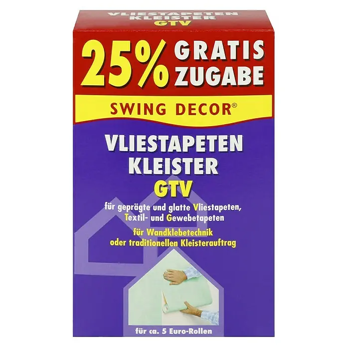 Swing Decor Tapetenkleister Vlieskleister - 250 g - Abbildung einer Packung Vliestapetenkleister GTV von Swing Decor mit 25% gratis Zugabe für ca. 5 Euro-Rollen.
