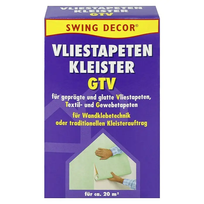 Swing Decor Tapetenkleister Vlieskleister GTV - 200 g - Abbildung einer Packung Swing Decor Vliestapeten Kleister GTV, geeignet für ca. 20 m² Vliestapeten, Textil- und Gewebetapeten.