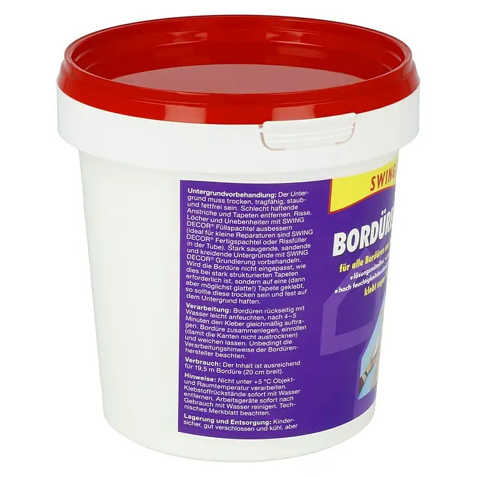 Swing Decor Bordürenkleber - 750 g, Lösemittelfrei - Eimer Swing Bordüren-Kleber, ideal für alle Bordüren, lösemittelarm und hoch feuchtigkeitsbeständig.