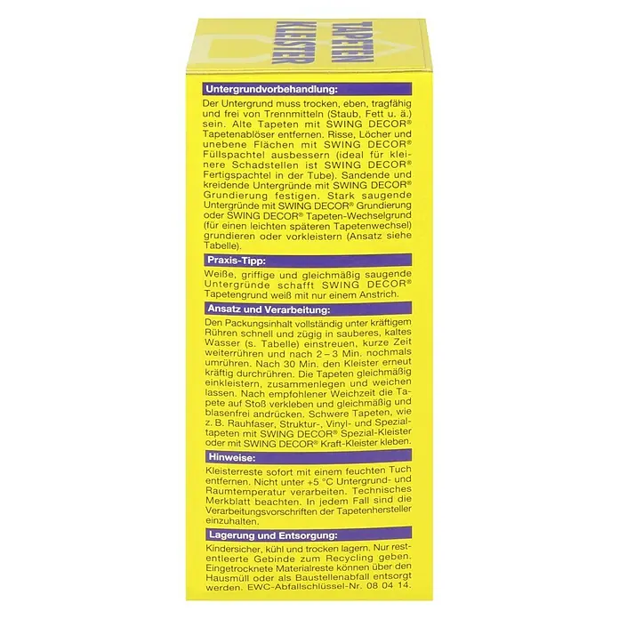 Swing Decor Tapetenkleister - 125 g - Produktbild einer gelben SWING DECOR® Kleisterverpackung, das Anweisungen zur Untergrundvorbehandlung, Verarbeitung und Entsorgung enthält.