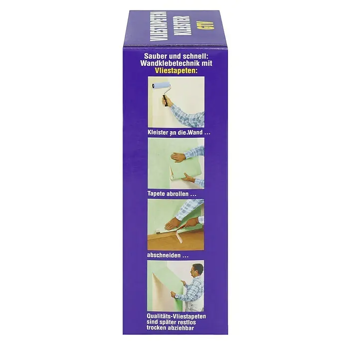 Swing Decor Tapetenkleister Vlieskleister GTV - 200 g - Die Seite einer Verpackung für Vliestapeten, die die einfache Wandklebetechnik mit Anweisungen und dem Hinweis auf rückstandsfreies Ablösen zeigt.