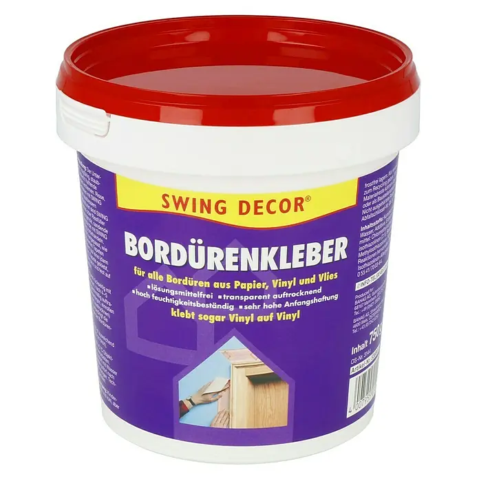 Swing Decor Bordürenkleber - 750 g, Lösemittelfrei - Ein Eimer Bordürenkleber der Marke Swing Decor, geeignet für Papier-, Vinyl- und Vliestapeten. Lösungsmittelfrei und transparent auftrocknend.