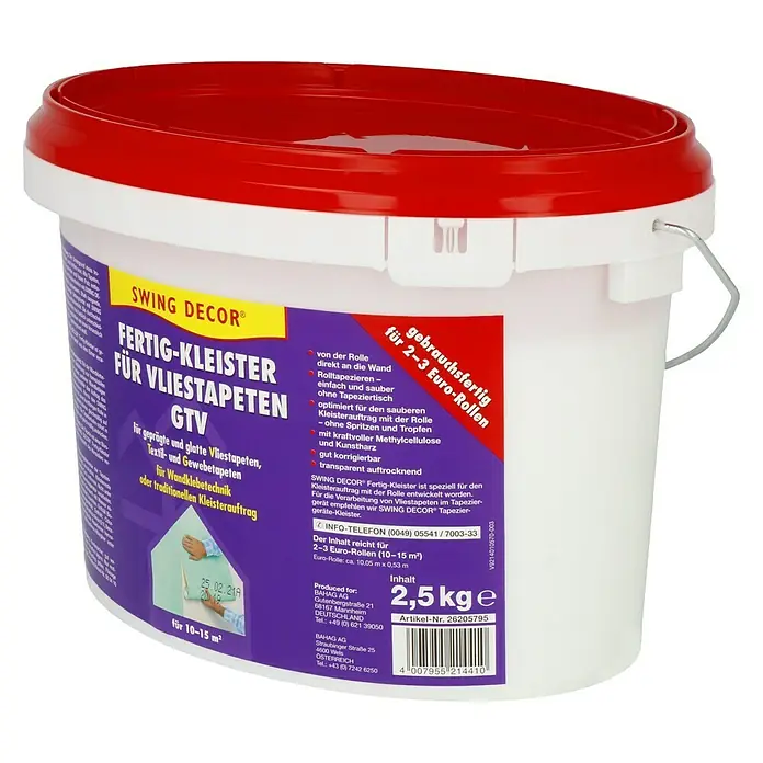 Swing Decor Tapetenkleister Vlieskleister GTV - 2,5 kg - Abbildung eines Eimers Swing Decor Fertig-Kleister GTV für Vliestapeten, gebrauchsfertig für 2-3 Euro-Rollen und mit 2,5 kg Inhalt.