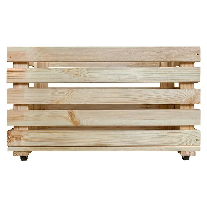 Regalux Regalsystem Heavy Caja para almacenaje con ruedas - An x Pr x Al: 60 x 30 x 35 cm, Madera - Vista detallada de una caja de madera clara con ruedas. La caja está hecha de listones con vetas visibles, ideal para el almacenamiento.