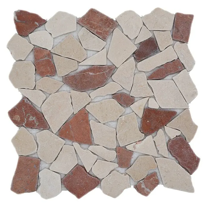 Mosaikfliese Mix CIOT 30/1513 - 30,5 x 30,5 cm, Beige/Braun, Matt - Nahaufnahme einer unregelmäßigen Mosaikfliese mit roten und beigen Steinen auf einem Netzträger.