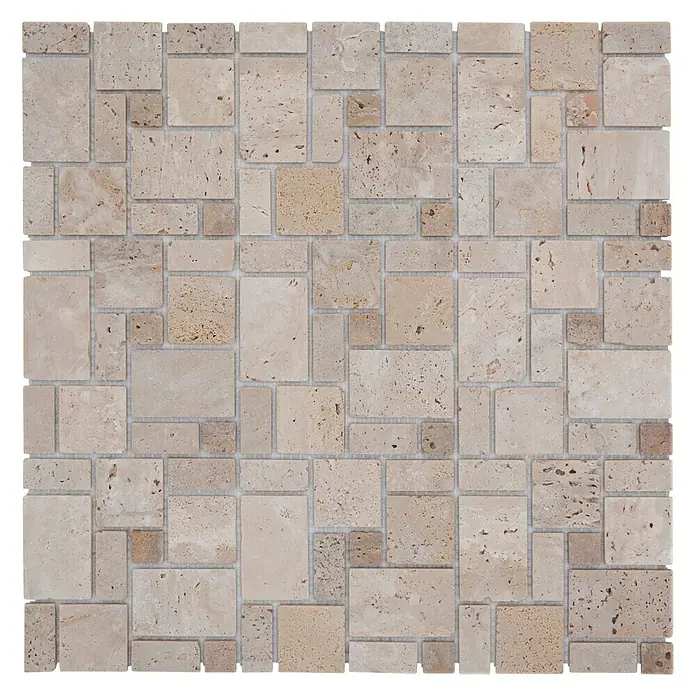 Mosaikfliese NCT 414 - 30,5 x 30,5 cm, Beige, Matt - Beige Mosaikfliese mit verschiedenen rechteckigen Formen und natürlichen Steindetails für Wand- und Bodenprojekte.