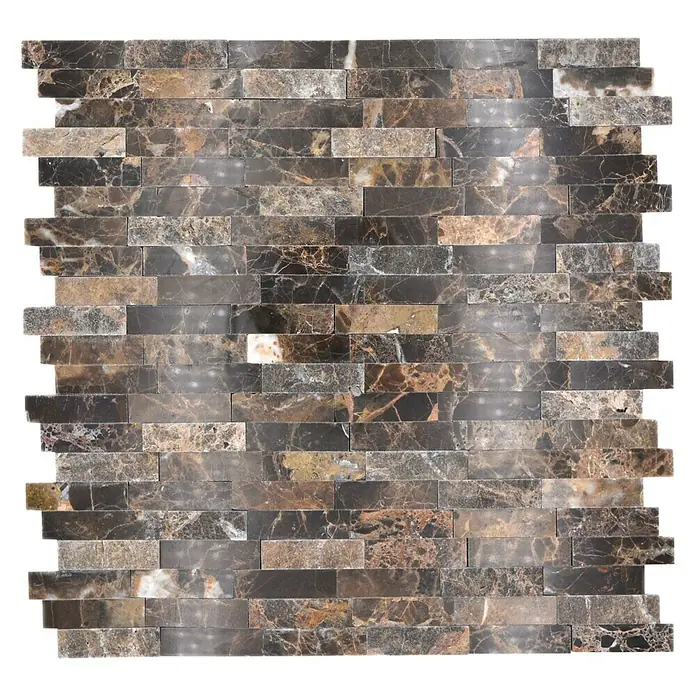 Selbstklebemosaik SAM 4NM55 - 30,5 x 30,5 cm, Dunkelbraun, Matt - Nahaufnahme einer dekorativen Wandfliese aus braunem Naturstein mit attraktiven Farbvariationen und unregelmäßiger Textur für Innenräume.