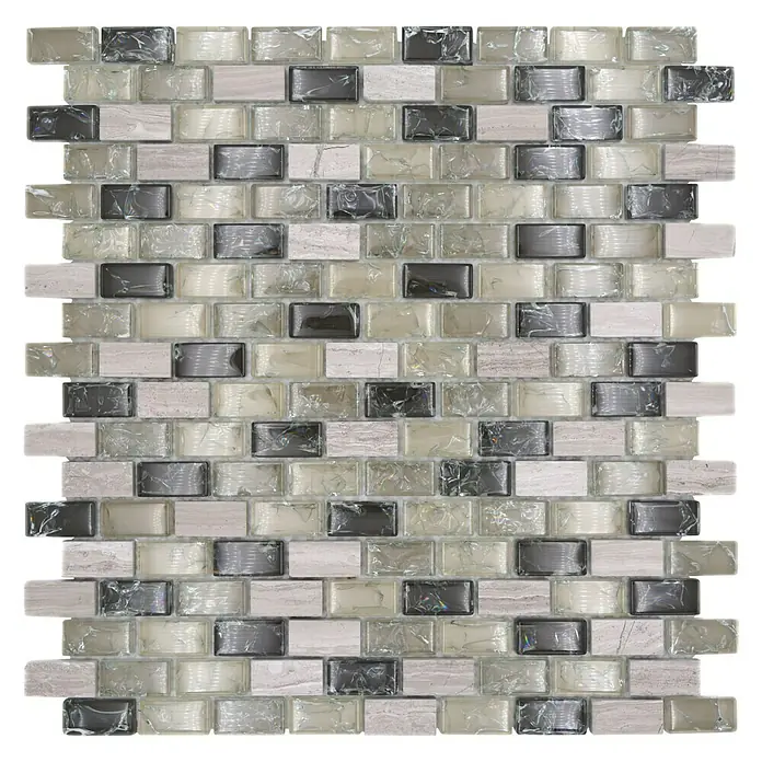 Mosaikfliese Crystal Mix XIC B1152 - 30 x 28,5 cm, Grau/Grün, Glänzend - Ein Mosaikfliesenmuster in verschiedenen Grau- und Beigetönen. Das Mosaik besteht aus rechteckigen Steinen, die ein stilvolles und modernes Design ergeben.