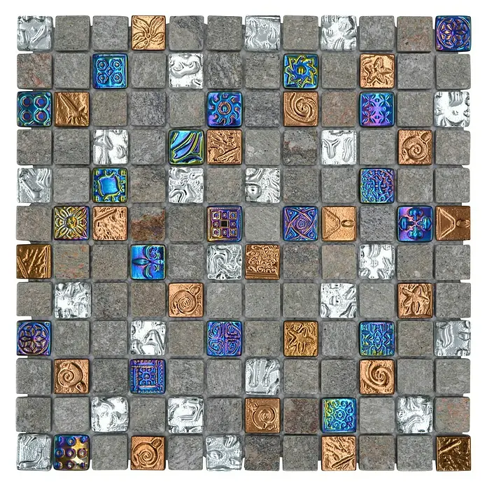 Mosaikfliese Quadrat Crystal Mix XCM CR37 - 29,8 x 29,8 cm, Grau, Matt - Eine Nahaufnahme eines Mosaiks mit einer Vielzahl von Farben und Mustern, die ein dekoratives Element für Wohnräume darstellen.