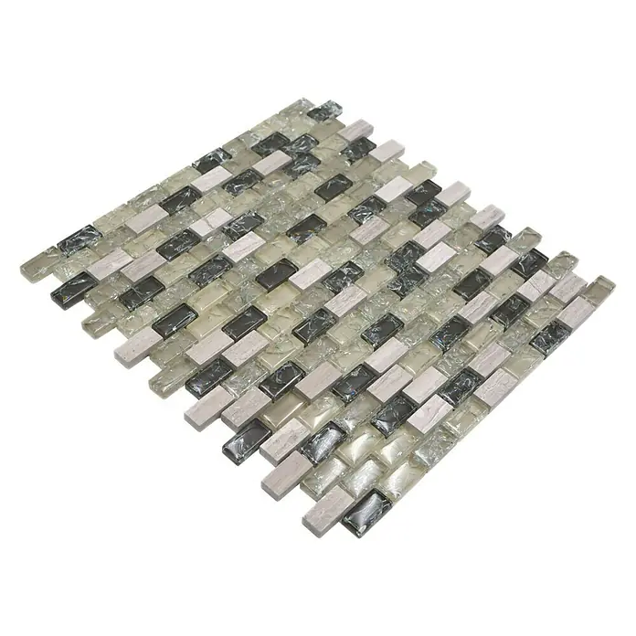 Mosaikfliese Crystal Mix XIC B1152 - 30 x 28,5 cm, Grau/Grün, Glänzend - Mosaikfliese mit einem Muster aus Glas-, Stein- und Schwarzanteilen, ideal für die Gestaltung von Badezimmern und Küchen.