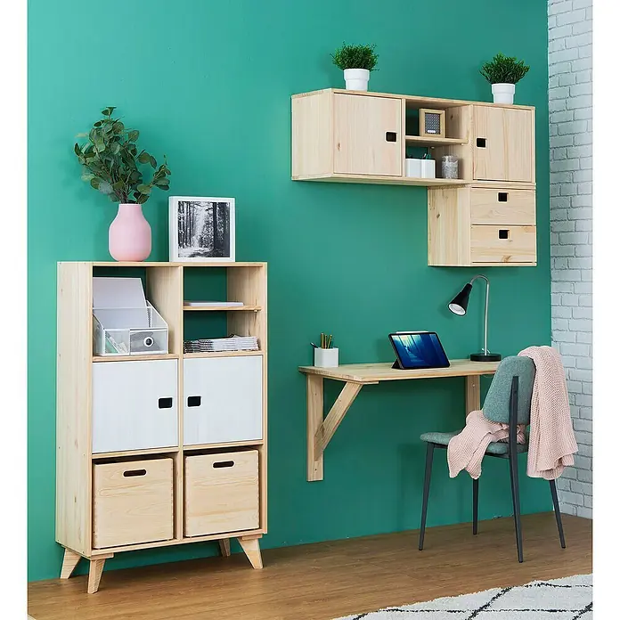 Astigarraga Dinamic Holzregal - H x B x T: 105,4 x 36,2 x 33 cm, Traglast pro Boden: 50 kg, Anzahl Böden: 3 Stk., Schrauben, Natur - Helle Holzmöbelkombination bestehend aus Regal, Schreibtisch und Wandelementen, ideal für ein modernes Arbeitszimmer oder Jugendzimmer.