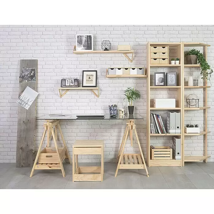 Astigarraga Holzbock Architekt - Tragkraft: 400 kg, Höhe: 70 cm, Kiefer, Natur - Helles Holz Home-Office-Möbelset mit Glastisch, modularem Regal und Wandablagen.