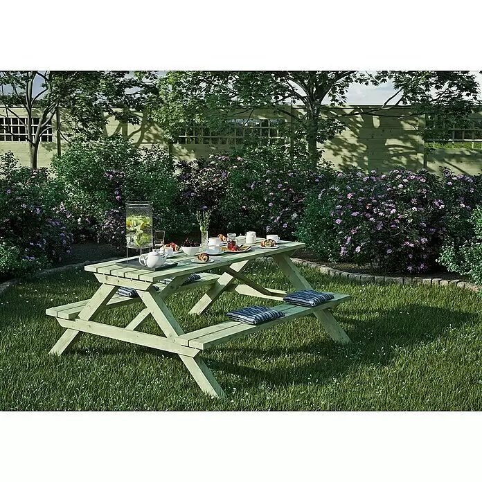 T & J Picknicktisch Ella - L x B x H: 170 x 180 x 75 cm, Grünlich - Hellgrüner Picknicktisch aus Holz mit Bänken, im Garten mit Frühstück und Kissen, ideal für Mahlzeiten im Freien.