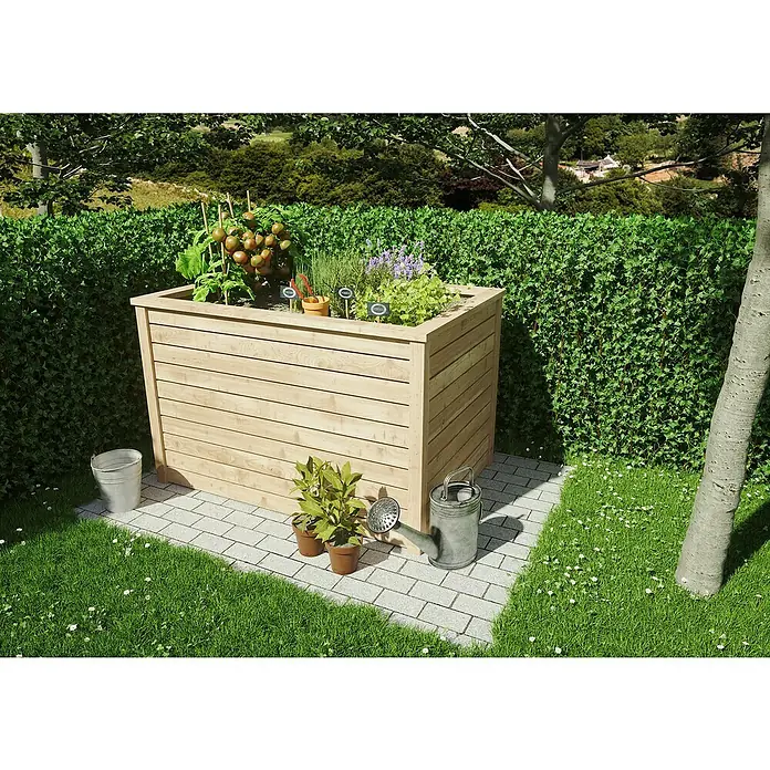 T & J Hochbeet Veijle - 85 x 125 x 80 cm, Holz, Hellbraun - Der erhöhte Holzpflanzer mit Gemüse bietet eine bequeme und stilvolle Gartenlösung für Kräuter, Tomaten und mehr.