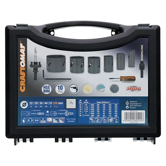 Craftomat Set de sierras de corona HSS Bi-Metall - 10 pzs. - Juego de sierra perforadora CRAFTOMAT, 10 piezas, calidad HSS BIM, para taladrar con precisión diversos materiales.