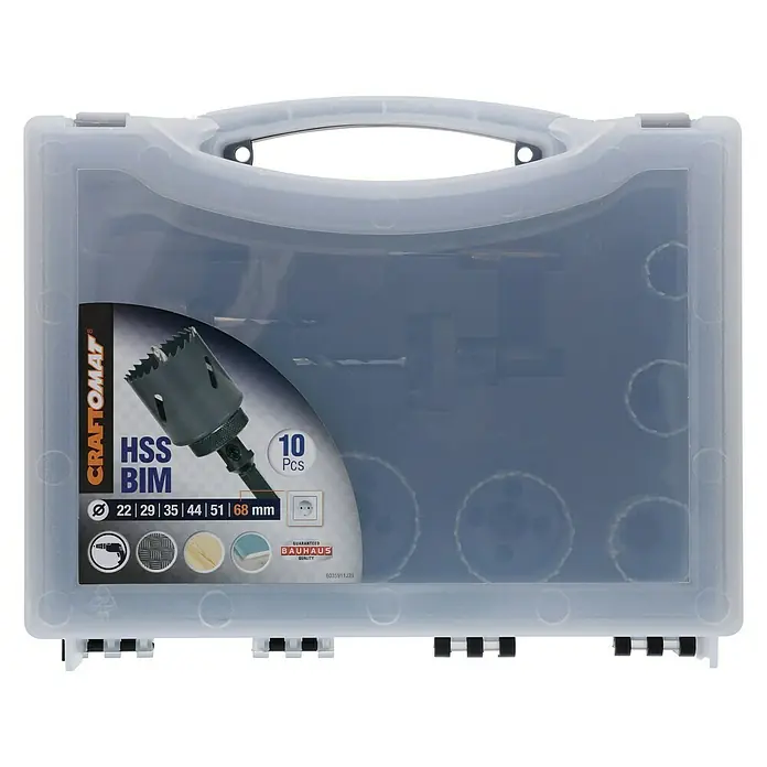 Craftomat Lochsägen-Set HSS Bi-Metall - 10 -tlg. - Eine Werkzeugkiste mit einem Craftomat HSS BIM Lochsägen-Set, bestehend aus 10 Teilen, ideal für präzise Bohrarbeiten in verschiedenen Materialien.
