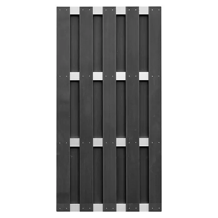 T & J Sichtschutzelement Eldena - 90 x 180 cm, Anthrazit - Dunkelgraues Zaunelement mit vertikalen Lamellen und hellgrauen Querriegeln, verschraubt.