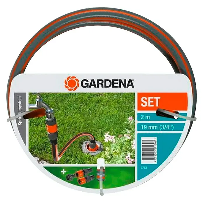 Gardena Anschlussgarnitur - Schlauchdurchmesser: 19 mm - Das Bild zeigt ein Gardena Gartenschlauch-Set, das einen Schlauch, Anschlüsse und eine Spritze enthält.