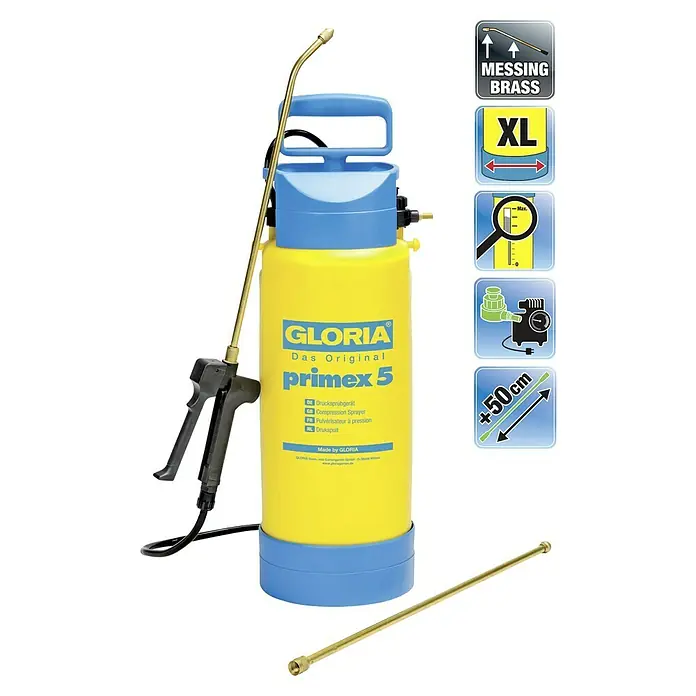 Gloria Drucksprühgerät Primex 5 mit Messing Verlängerungsrohr - 5 l - Gloria Primex 5 Drucksprühgerät. Ideal für Garten- und Hausgebrauch, bietet zuverlässige Leistung und einfache Bedienung für diverse Sprühanwendungen.