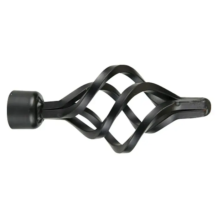 Tapa final Colonial flama - Negro, 1 ud., Específico para: Para barras con un diámetro de 19 mm - Primer plano de un extremo de barra de cortina decorativo en forma de espiral hecho de metal negro.