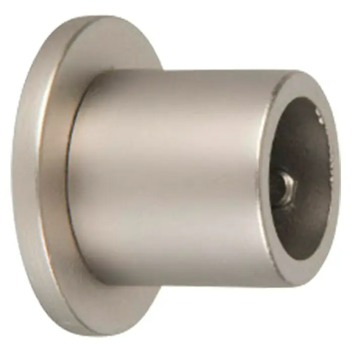 Soporte de pared Lateral - L x An x Al: 2,9 x 4 x 4 cm, Diámetro: 16 mm, Metal - Primer plano de una brida plateada, que muestra una pieza mecanizada de precisión con una superficie lisa y forma cilíndrica.