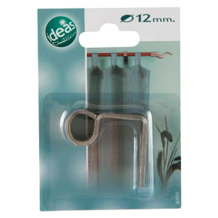 Soporte de pared metal ideas 12 - L x An x Al: 4,5 x 1,2 x 3,8 cm, Diámetro: 12 mm, Metal - Paquete que contiene un gancho de cortina de 12 mm de la marca Ideas, con un aspecto metálico, presentado en un embalaje de plástico transparente.