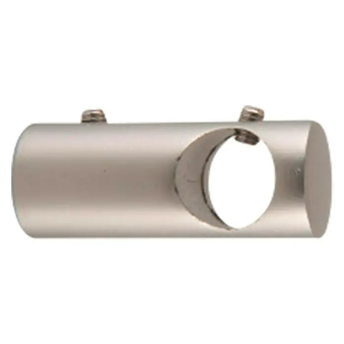 Soporte de pared Cilindro Central - L x An x Al: 4 x 1,6 x 1,6 cm, Diámetro: 12 mm, Metal, Plata - Primer plano de un conector cilíndrico plateado con un orificio y dos tornillos para fijar.