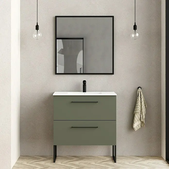 Artysan Espejo con marco Arosa - 80 x 80 cm, Negro - Tocador de baño moderno con gabinete verde, complementado con un espejo elegante y luces colgantes minimalistas.