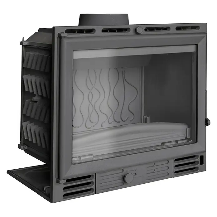 Hogar de leña 600 - L x An x Al: 40,5 x 58 x 55 cm, 8 kW, 200 m³, Antracita - Vista detallada de un inserto de chimenea con cristal, que permite ver el interior y muestra una estética moderna.