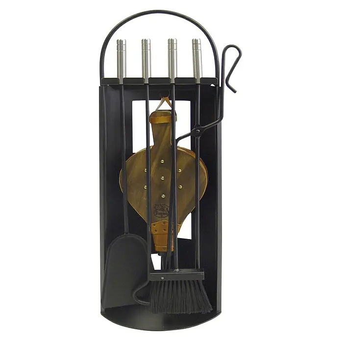 Imex El Zorro Juego de utensilios para chimenea - 5 pzs., Negro, Altura: 68 cm - Un juego de herramientas para chimenea con pala, cepillo, atizador, tenazas y fuelle, todo bien organizado en un elegante soporte negro.
