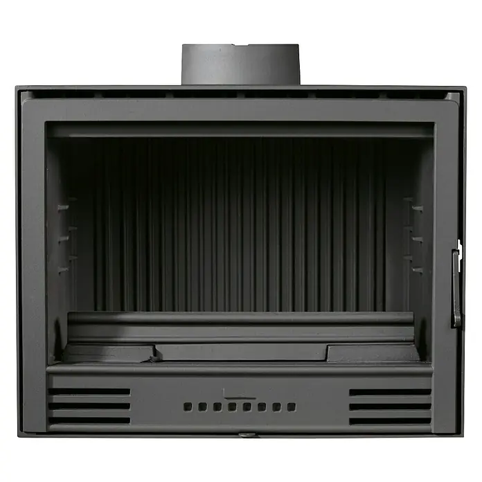 Insert de leña H700SC - L x An x Al: 44,3 x 70 x 55 cm, 10 kW, 200 m³, Antracita - Primer plano de un inserto de chimenea, con una abertura para el fuego y una salida de humos en la parte superior.