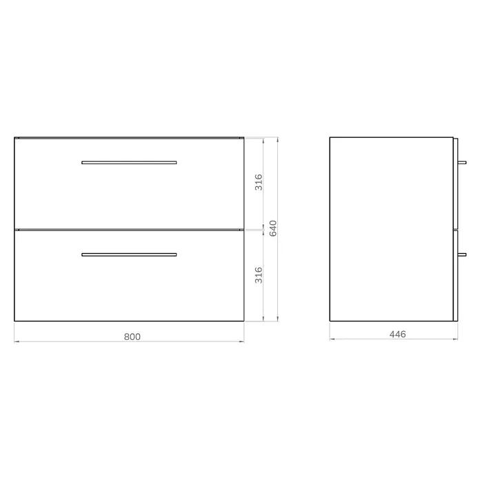 Conjunto de mueble de baño Arosa - Musgo, Mate, 3 pzs. - Imagen de un mueble de baño con cajones. Se muestran las dimensiones.