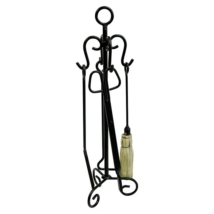 Imex El Zorro Juego de utensilios para chimenea Argolla - 4 pzs., Negro, Altura: 70 cm - Juego de herramientas para chimenea de metal negro que incluye pala, atizador, tenazas y cepillo en un soporte decorativo.