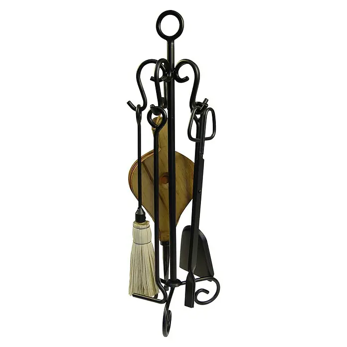 Imex El Zorro Juego de utensilios para chimenea Argolla - 5 pzs., Negro, Altura: 70 cm - Juego de herramientas para chimenea con pala, cepillo y atizador, bien dispuesto en un soporte, ideal.
