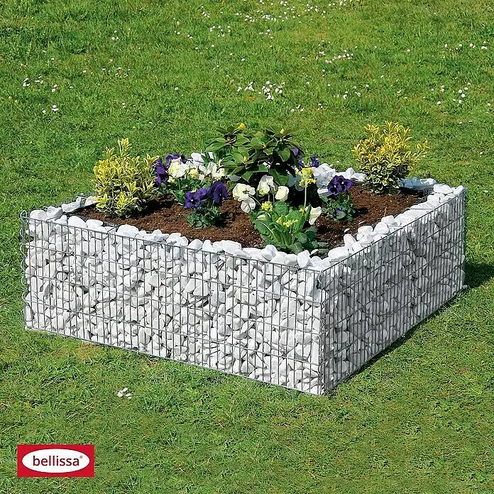 Bellissa Hochbeet 4-Eck - 120 x 120 x 40 cm, Metall - Rechteckiges Gabionen-Hochbeet mit weißen Steinen und Pflanzen.