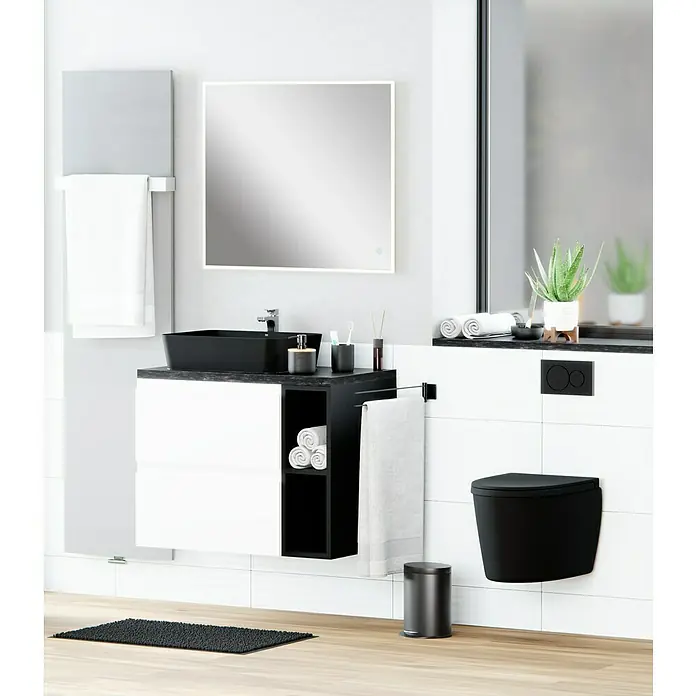 Camargue Cannes Toallero de barra - Dos brazos - Baño moderno con lavabo negro, espejo minimalista e inodoro suspendido negro para un diseño elegante.